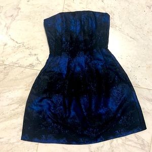 H&M LTD EDITION Blue Black Jacquard Print Lace Strapless Corset Mini Dress SZ 8